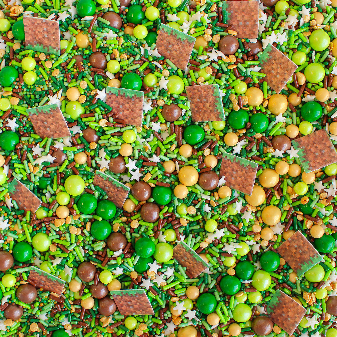Close-up of Sprinkle Craft Sprinkle Mix with green and brown wafer sprinkle craft squares, ready to be used for decorating cakes, cookies, cupcakes and more.