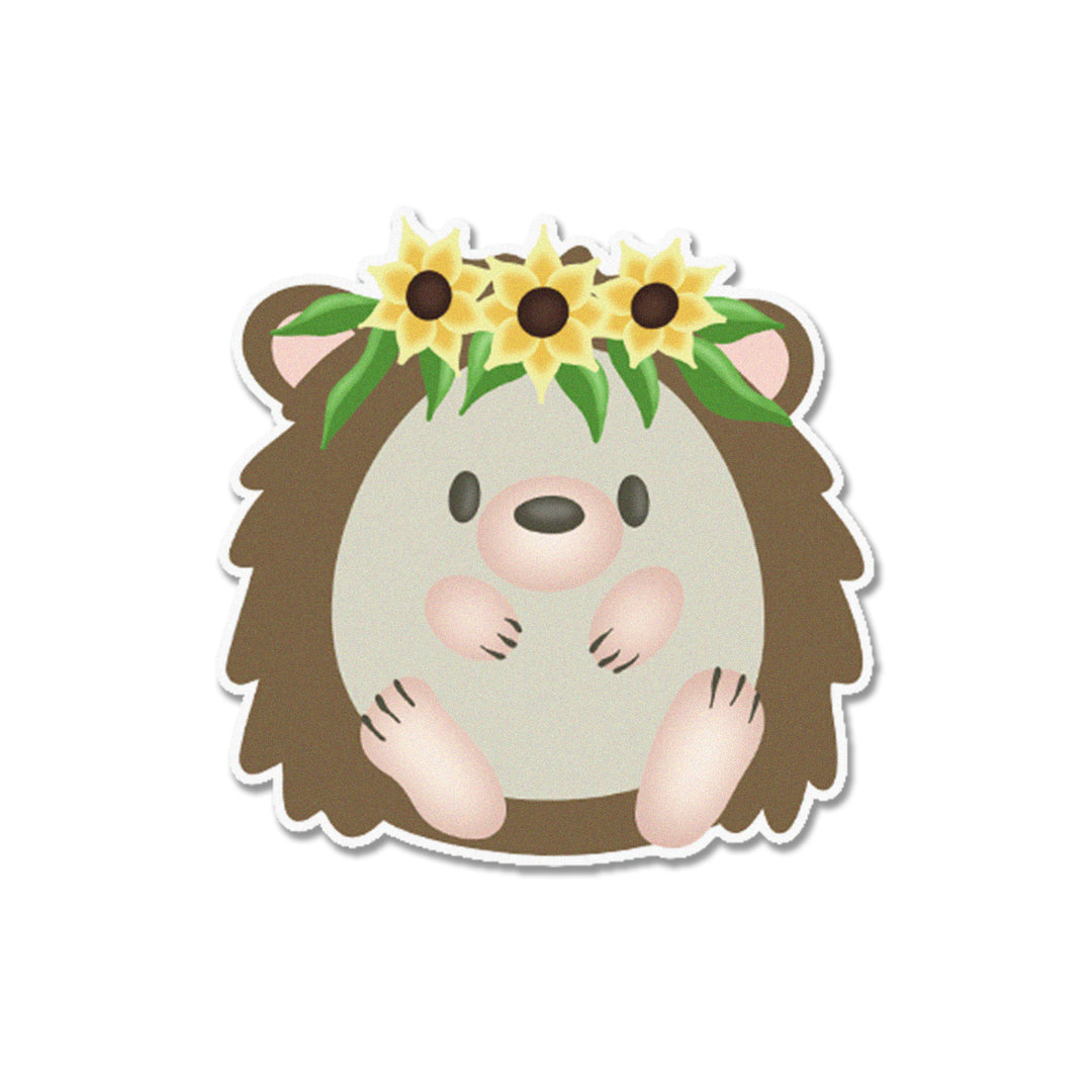 Sunflower Hedgehog Edible Cupcake Toppers - A pack of 12 charming hedgehog-themed edible cupcake toppers wearing sunflower tiaras, made of high-quality cardstock wafer paper and edible inks.