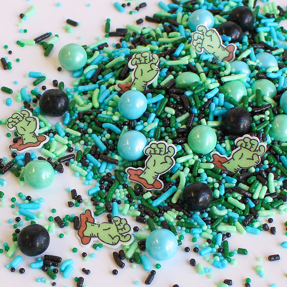 Zombie Sprinkle Mix - Light blue, forest green, and mint green sprinkles with wafer Zombie hands.