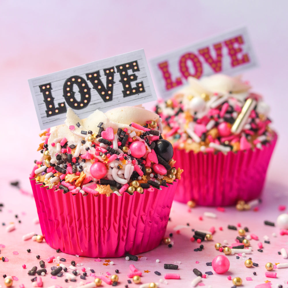 Pink & Black Marquee Love Edible Cupcake Toppers