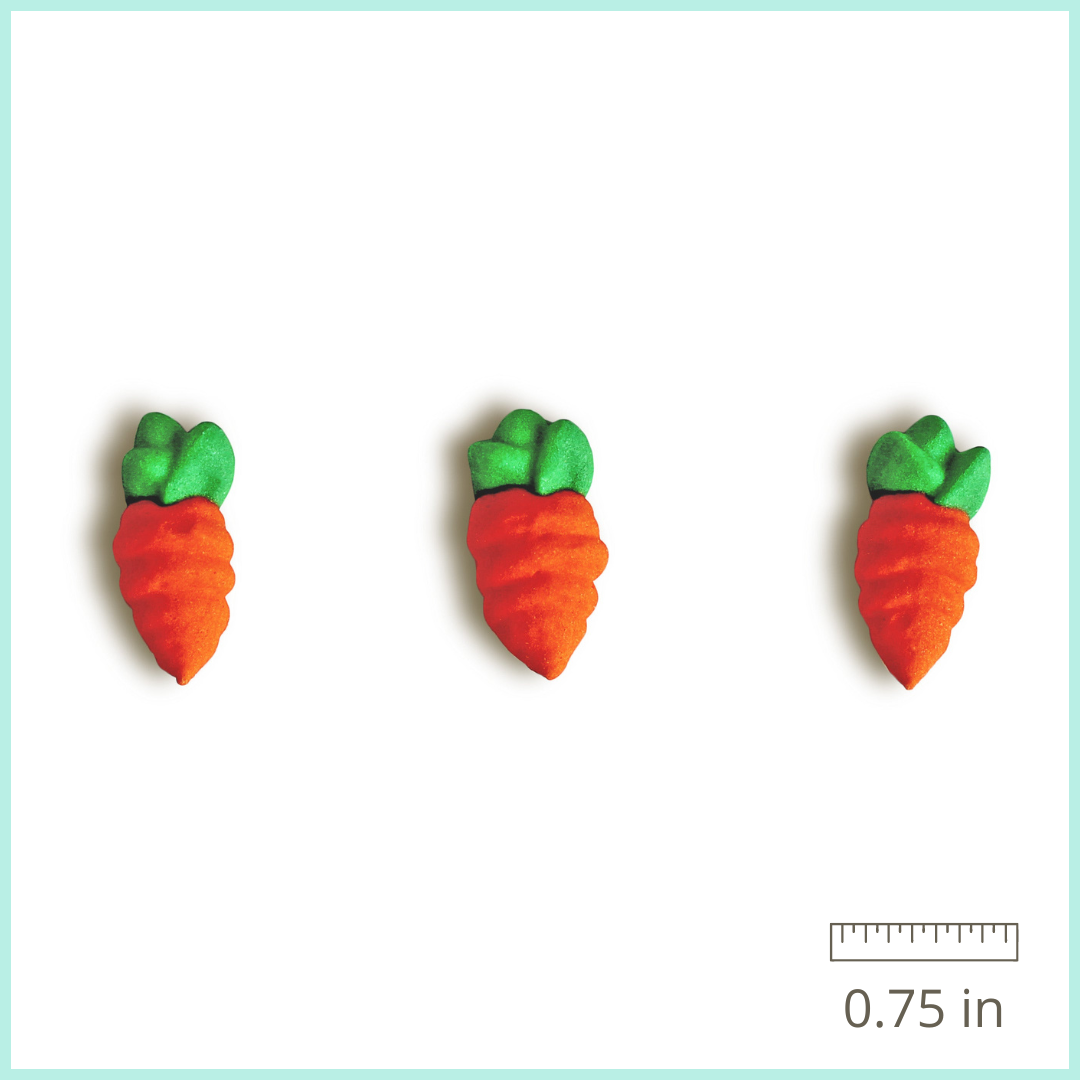 Hand-piped royal icing carrots in a set of 12 Whimsical and fun carrot-shaped decorations for cakes, cupcakes, and cookies Orange royal icing carrots with green stems, approximately 0.75 inches in size Easter and springtime-themed cake decorations Long-lasting, with a shelf life of 5 years Perfect for adding a touch of fun to your baking!
