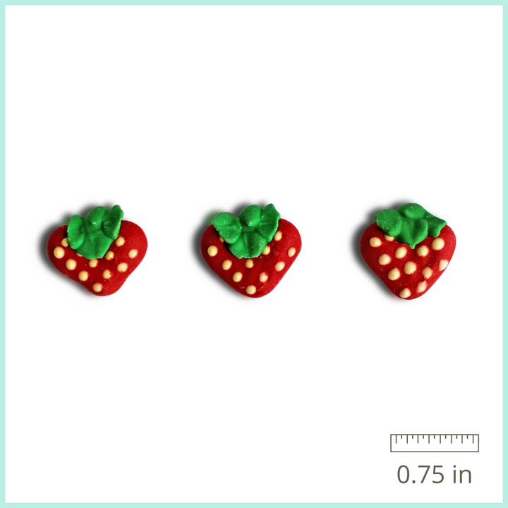 A dozen hand-piped Royal Icing Strawberries with a vibrant red color, perfect for adding a sweet touch and fruity flavor to your baked goods.
