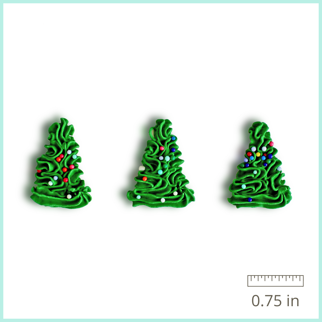 A dozen hand-piped Christmas trees with twinkling lights, perfect for adding festive charm to cakes and cupcakes.