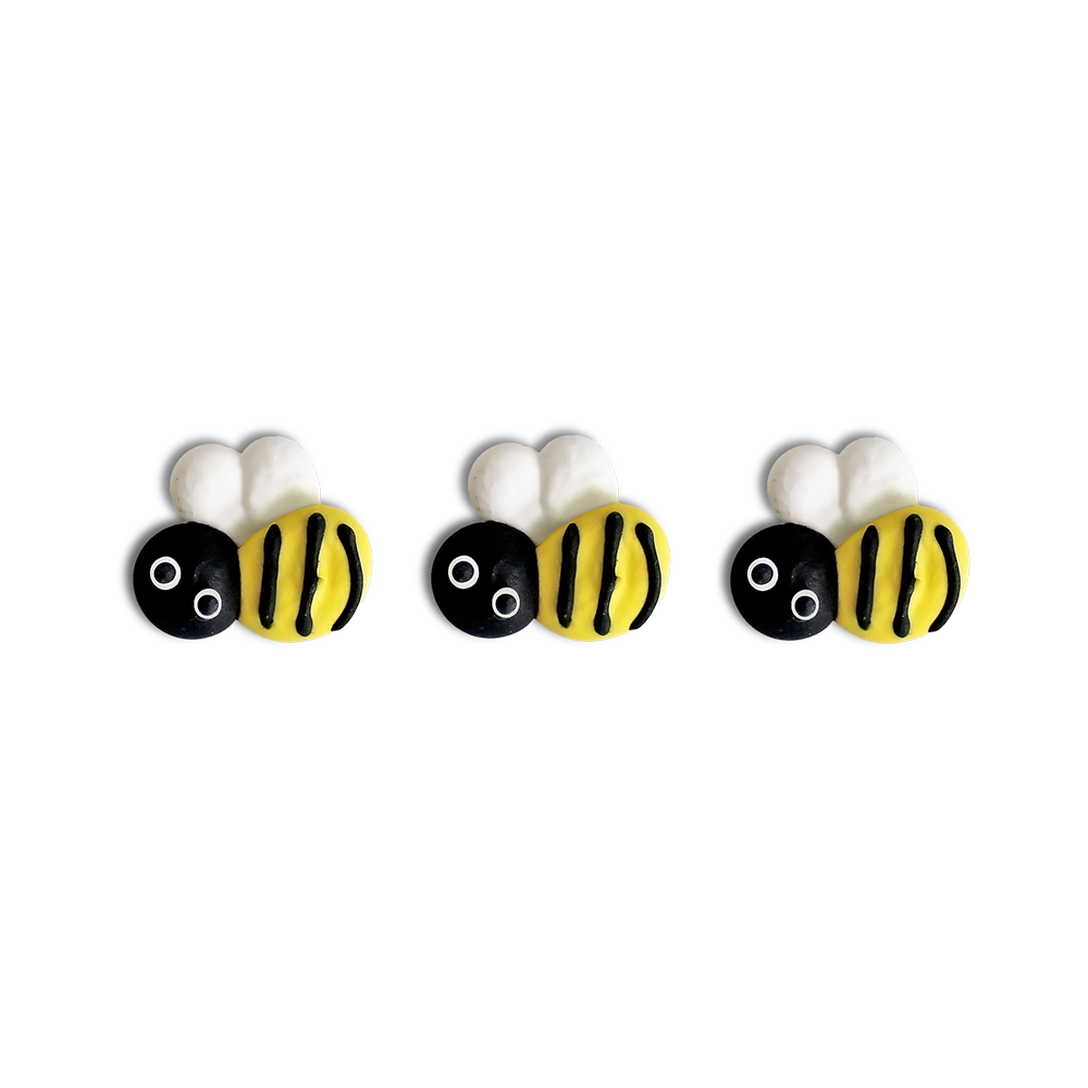  A close-up image of a royal icing bees. The bee is meticulously crafted with intricate details, and the image is perfect for adding to baking supplies.