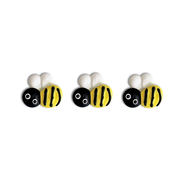  A close-up image of a royal icing bees. The bee is meticulously crafted with intricate details, and the image is perfect for adding to baking supplies.