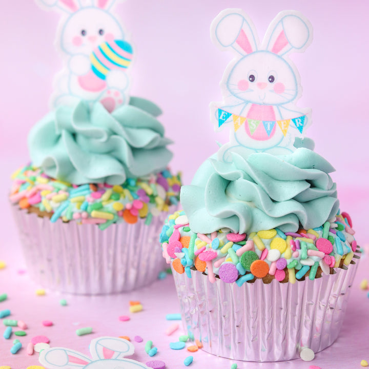 Pastel easter cupcakes decorated with Pastel party Sprinkle Mix and Sprinkle Pop's Easter Bunny Edible cupcake toppers. 