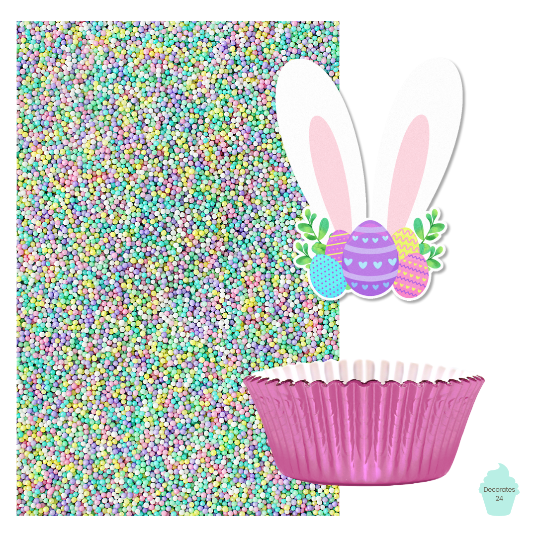 Close-up of Bunny Crown Cupcake with Bunny Ears Wafer Topper and Pink Liner, Decorated with Pastel Nonpareil Sprinkles