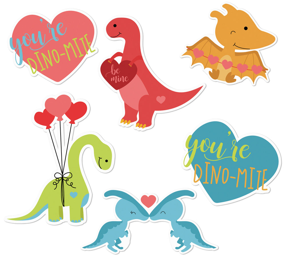 "Dino-Mite Edible Cupcake Toppers – 12 playful dinosaur-themed decorations made from high-quality cardstock wafer paper and edible inks. Perfect for Valentine's Day or any celebration. Recommended for use with high-fat frostings."