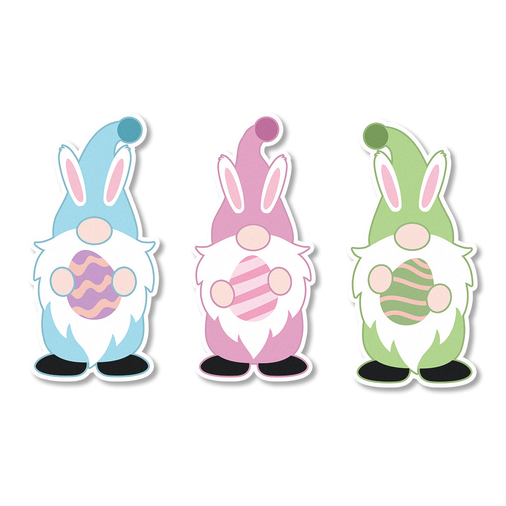 A set of 12 Easter bunny gnome edible cupcake toppers featuring three different designs, each with a pastel colored gnome donning bunny ears.