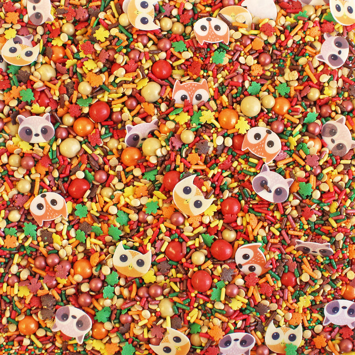 Fall Friends Sprinkle Mix - showcasing the blend of orange, yellow, red, green, and brown sprinkles with wafer foxes, owls, and raccoons.
