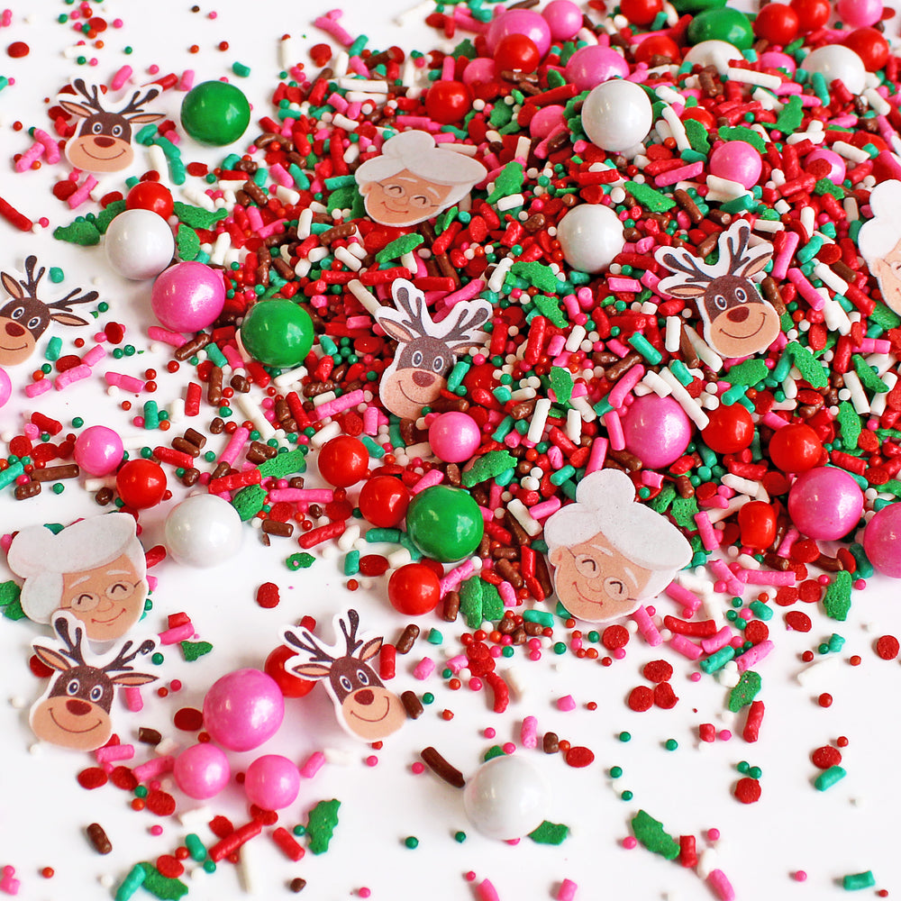 Granny Deer Sprinkle Mix, featuring vibrant colors, confetti Grannys and Reindeer.