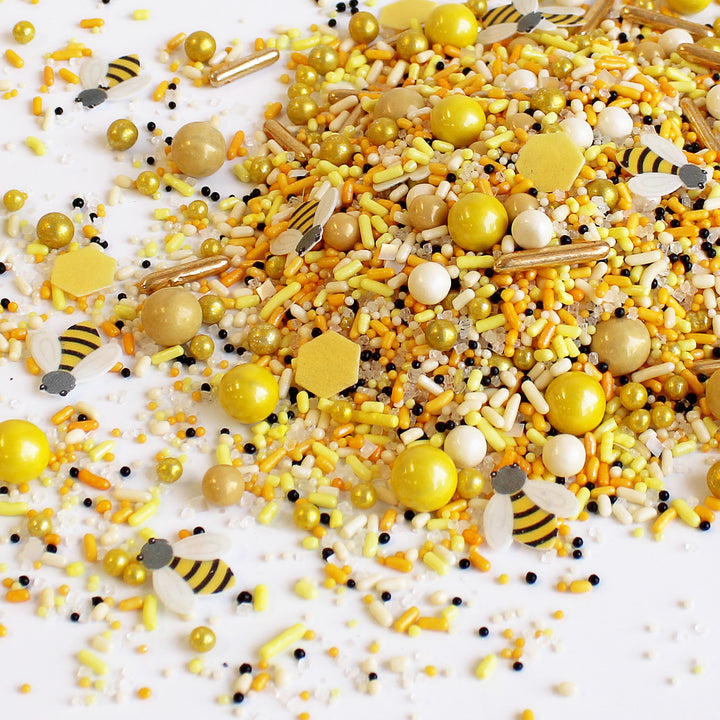 Honey Bee Sprinkle Mix - Warm yellow, gold, and cream sprinkle mix with wafer paper bees and honeycomb inclusions. Perfect for summer-inspired cakes, cookies, and cupcakes. 🐝🌻