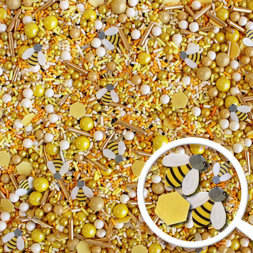 Honey Bee Sprinkle Mix - Warm yellow, gold, and cream sprinkle mix with wafer paper bees and honeycomb inclusions. Perfect for summer-inspired cakes, cookies, and cupcakes. 🐝🌻