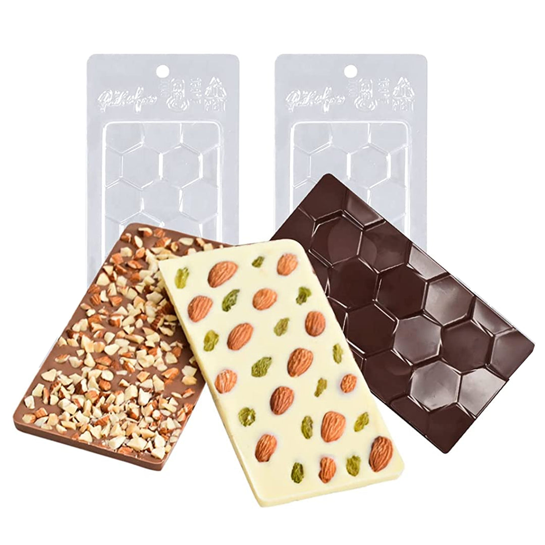 A close-up image of a chocolate mold with honeycomb shapes. The mold is made of silicone and is flexible and durable. The image is perfect for adding to chocolate-making supplies.