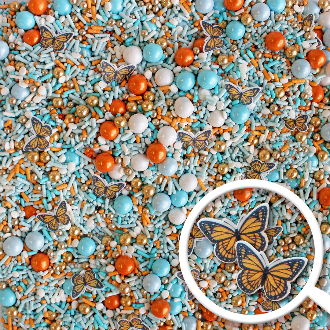 Monarch Butterfly Sprinkle Mix - Light blue sprinkles with vintage gold accents and black and orange wafer paper butterflies.