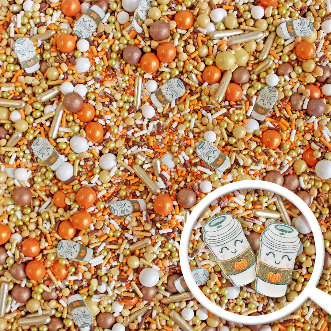 Close-up of PSL Sprinkle Mix - a festive blend of orange, brown, gold, and white, featuring adorable wafer paper PSL cups.