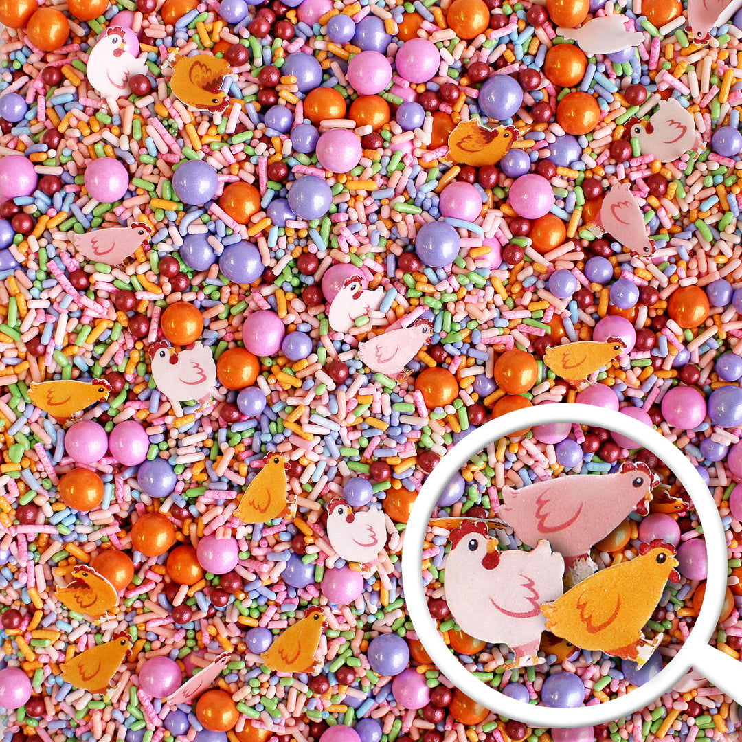 Spring Chicken Sprinkle Mix - colorful sprinkles and cute wafer chickens made from high-quality, food-grade materials to decorate cupcakes and other baked goods.