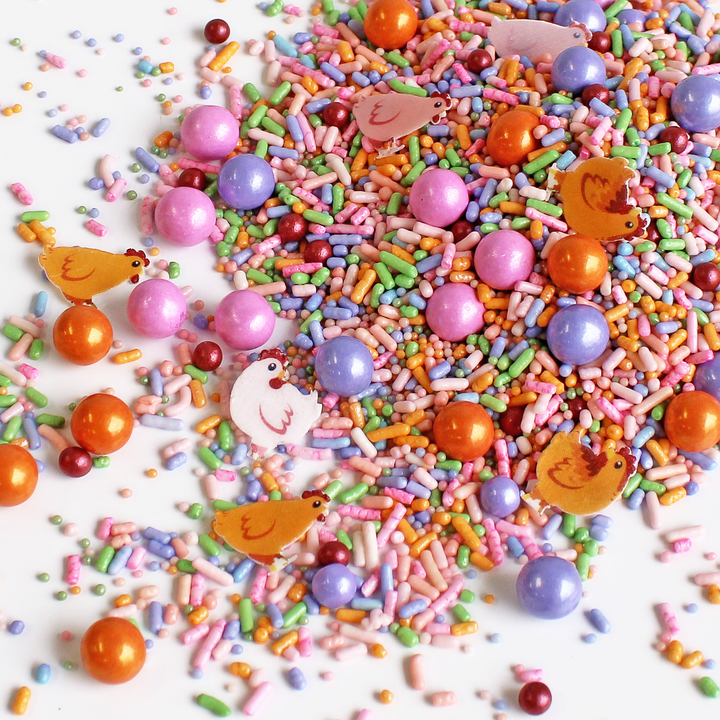 Spring Chicken Sprinkle Mix - colorful sprinkles and cute wafer chickens made from high-quality, food-grade materials to decorate cupcakes and other baked goods.