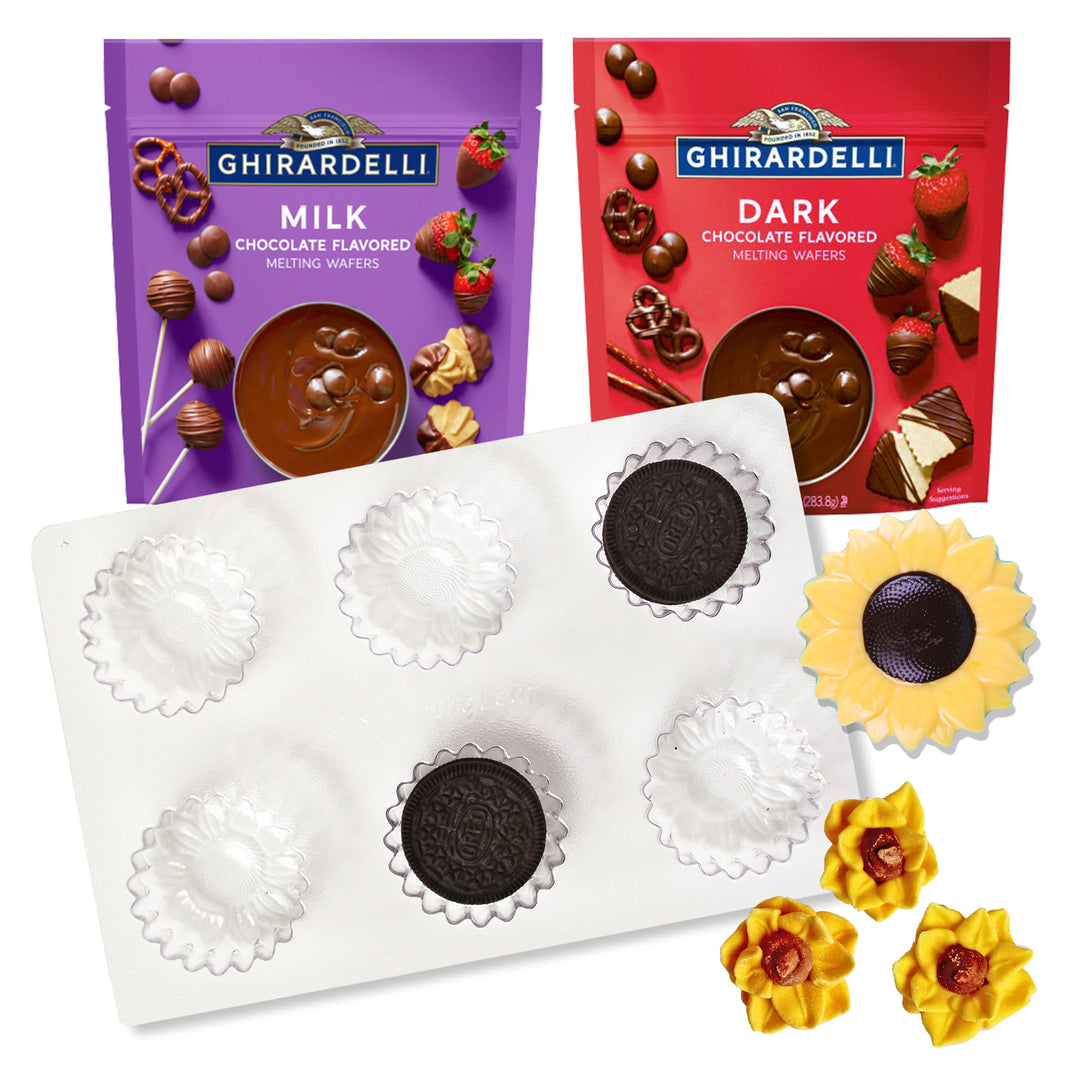 A bundle of Spring Sunflower baking supplies, including a sunflower cookie mold, sunflower royal icing pieces, and chocolate candy melts