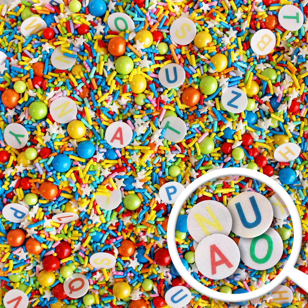 ittle Grads Sprinkle Mix - a colorful sprinkle mix with wafer paper alphabet confettis, perfect for graduation, pre-k, and kindergarten themes.