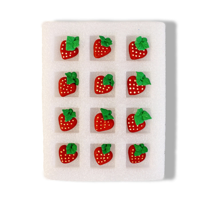A dozen hand-piped Royal Icing Strawberries with a vibrant red color, perfect for adding a sweet touch and fruity flavor to your baked goods.