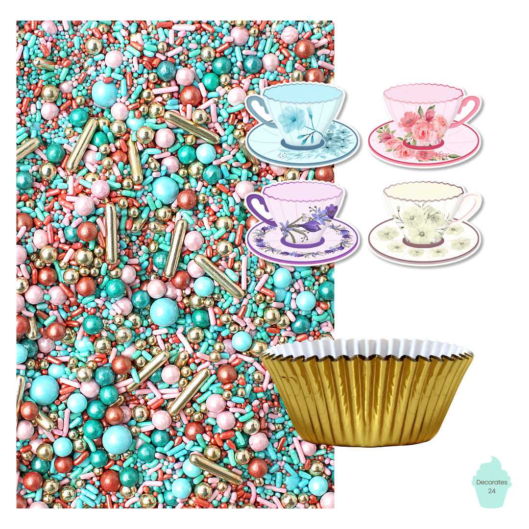 A photo of the Vintage Teacup Cupcake Kit box, including the vintage teacup cupcake toppers, metallic gold cupcake liners, and Old Hollywood Sprinkle Mix.